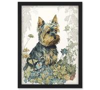 Yorkshire Terrier Dog in Wildflowers Watercolour Illustration Artwork Framed Wall Art Print A4 Artery8 Black One Size
