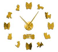 Yorkshire Terrier Dog Large 3D DIY Wall Clock Frameless Silent Non Ticking Roman Numerals Mirror Surface Sticker Modern Wall Decor Art for Living Room Bedroom Office (Gold,37inch)