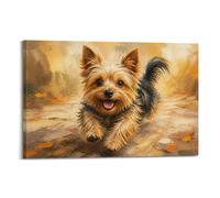 Yorkshire Terrier Dog Portrait in Golden Brushstrokes Poster 08x12in | Bright-eyed expression, tan and charcoal coat, forward-reaching paws, warm ochre palette, lively painted-style imagery