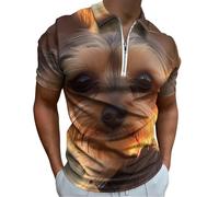 Yorkshire Terrier Dog Sunset Men's Short Sleeve Polo Shirts Casual Zippered Golf Shirt Slim Fit T-Shirt Tops