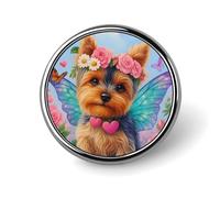Yorkshire Terrier Dog with Butterfly Wings Brooch Buttons for Women Dress Blouse Low Cut Tops Cloth Decoration