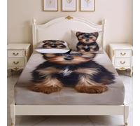 Yorkshire Terrier Double Fitted Sheet Animals Bed Sheets Deep Pocket 12 inch (30 cm) Soft Cozy 3 Piece Microfibre Bed Sheet 135x190 cm with 2 Pillowcases 50x75 cm