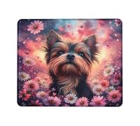 Yorkshire Terrier Floral Mouse Pad, Peach Violet Daisy Pattern, Stitched Edge, Washable Non-Slip Rubber Mouse Pad for Home Computer and Office, Laptop