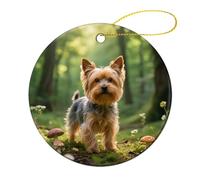 Yorkshire Terrier in Forest Christmas Tree Ornaments Ceramic Xmas Round Pendant Keepsake Gift for Xmas Tree Winter Holiday Hanging Ornament for Women Men 2.8 Inch 4 Pcs