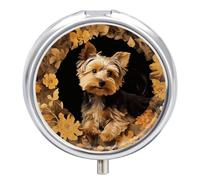 Yorkshire Terrier in The Cave Pill Box - 3 Compartment Travel Pill Organizer with Small Mirror, Portable Pillcase for Pocket & Purse, Cute Round Medicine Case, Weekly Medicine Container