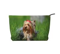 Yorkshire Terrier Lawn Cute Dogs Ummer Red Bow, Cosmetic Bag Corduroy Makeup Bag Portable Travel Toiletry Bag