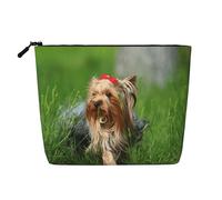 Yorkshire Terrier Lawn Cute Dogs Ummer Red Bow, Cosmetic Bag Imitation Linen Makeup Bag Portable Travel Toiletry Bag