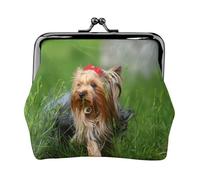 Yorkshire Terrier Lawn Cute Dogs Ummer Red Bow, PU Leather Coin Purse, Small Wallets, Change Pouch with Kiss Lock Clasp Buckle, Change Purse