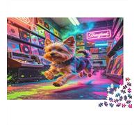 Yorkshire Terrier Neon Record Store 1000 Piece Jigsaw Puzzle Paper for Adults Retro Night Scene Puzzle Game for Family Relaxation Gift 52x38cm/1000pcs