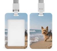 Yorkshire Terrier on Beach Retractable ID Badge Holder with Lanyard - Vertical Badge Reel,Keychain Clip,Name Tag Id Card Holder Protector for Nurse Officer Teacher Security Staff Women Men
