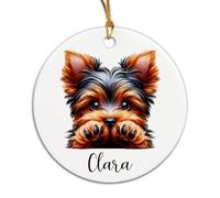 Yorkshire Terrier Peeking Keepsake Xmas Ornaments With Ribbon Memorial Ceramic Crimbo Baubles