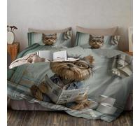 Yorkshire Terrier Reading A Newspaper Duvet Cover Funny Animal Portraits Bedding Set 2 Pieces, Grey-Green Quilt Cover Twin Size Zipper Closure and 1 Pillowcase