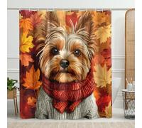Yorkshire Terrier Shower Curtain, Autumn Orange Red Leaves and Dog Design for Bathroom Decor, Fall Seasonal Modern Rustic Waterproof Fabric Shower Curtain Set with Hooks 72x78 Inch