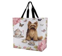 Yorkshire Terrier Tea Party Butterflies Roses Grocery Bag Reusable One Shoulder Shopping Bags Portable Large Capacity Plain Bag Lightweight Purse Women Shoulder Bags for Shopping Grocery Beach