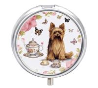Yorkshire Terrier Tea Party Butterflies Roses Pill Box Cute Round Small Pill Organizer Portable with 3 Compartments Travel Metal Pill Case for Pocket Or Purse Privacy Protecting Medicine Box