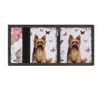Yorkshire Terrier Tea Party Butterflies Roses Slim Rfid Blocking Trifold Wallet for Men Minimalist Front Zipper Pocket 8 Card Slots 1 Id Window & Key Hook Lightweight Credit Card Holder for Work Trave