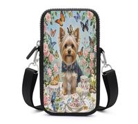 Yorkshire Terrier Tea Party Butterflies Roses Small Crossbody Bags for Women Mini Cell Phone Purse Lightweight Shoulder Bag Trendy Cell Phone Bag Travel Pouch Crossbody Purse Wallet with Adjustable St