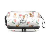 Yorkshire Terriers Dog with Roses Double Layer Cosmetic Bag for Women and Girls, Travel Toiletry Bag Makeup Handy Pouch Organiser Bag with Brush Compartment