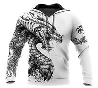 YOROOW Dragon Tattoo Men's Long Sleeve Sweatshirt, 3D Graffiti Casual Hoodie Unisex Pullover Kangaroo Pocket Jacket Sportswear Streetwear,White Hoodie,S