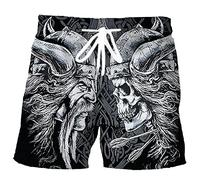 YOROOW-OUTDOOR Viking Tattoo Shorts Men, Norse Casual Summer Seaside Beach Shorts (S-5XL),Odin Skull,L