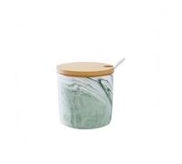 YORROR Marble Ceramic Sugar Bowl,300ml Porcelain Salt Bowl Condiment Jar Spice Container with Baboo Lids Spoon,Spice Jar Seasoning Condiment Pot Honey Jar for Home Kitchen (Green)