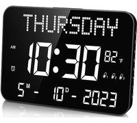 YORTOT 11.2" Large Digital Calendar Clock with Day and Date - Remote Control, 4 Alarms & 8 Sounds, LED Digital Wall Clock with Loud Volume for Seniors, Dementia, Adjustable Dimmer | Temperature| DST