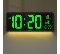 YORTOT 16” Large Digital Wall Clock with Remote Control and 7 Night Lights, 4 Level Dimmer, Super Easy to See, Big LED Clock with Indoor Temperature, Date, Perfect for Home, Office, Gym (Green)