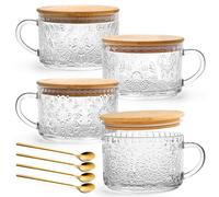 YORY 4-Pack Vintage Glass Mugs with Bamboo lids and Spoons Coffee Tea Cups Gifts for Women Overnight Oats Containers 14oz,