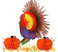 yosager 3 Pack Thanksgiving Table Decorations Tissue Turkey and Pumpkin, with 50 Pcs Artificial Maple Leaves, Honeycomb Decor Thanksgiving Centerpiece Party Accessory Table Supplies
