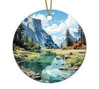Yosemite' National Park Christmas Ornaments Mountain Lake Nature Landscape Picture Hanging Ornaments Xmas Tree Decoration Round Ceramic Christmas Bauble Present Gift for Him Her