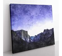 Yosemite Valley at Night in California Painting Modern Canvas Wall Art Print Ready to Hang, Framed Picture for Living Room Bedroom Home Office Décor, 35x35 cm (14x14 Inch)