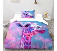 YOSERHFOG Pink Giraffe Duvet Cover Set 3D Dreamy Wind Printed Bedding Set, Soft Microfiber Quilt Cover with Zipper & Pillow for Teens & Adults King Size Single（135x200cm）
