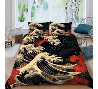 YOSERHFOG Waves Bedding Set 3D Design Japanese Style Duvet Cover Set Chic Breathable Comforter Cover Suitable for Family, Couple, Children with Pillow King（220x240cm）
