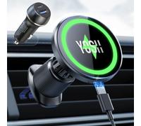 YOSH for MagSafe Car Mount Charger, 15W Fast Charging, with 60W Car Adapter | Magnetic Wireless Car Charger with Extendable Metal Double Hook for Vent, 22×N56 Magnets for iPhone Duo 18-12 Samsung Pixel