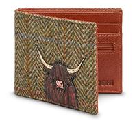 Yoshi Highland Cow Harris Tweed & Leather Wallet, RFID Brown Leather Wallet