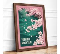 Yoshino Mountain Cherry Blossom Japandi Framed Wall Art Print A3 (42×29.7cm) Walnut, Wall Decor for Living Room, Bedroom, Office & Home, Ready to Hang, Art Gift