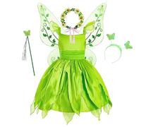 YOSICIL Princess Tiana dress for little girl Tinkerbell Children with butterfly wings Magic wand Hairband Carnival Cosplay Dress Birthday party Princess Tiana Fancy Dress Up,Green,3-4Y