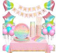 yosiio Happy Birthday Party Tableware Set, 96 PCS Party Decorations Set, Party Supplies Paper Plates Cups Napkins Table Cloth Banner Balloons for Birthday Party (16 Guests)