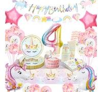 Yosiio Unicorn 4th Birthday Tableware Set - Children's Party Supplies With Unicorn Balloons