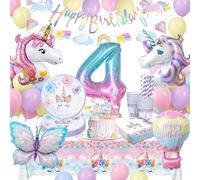 yosiio Unicorn Party Decorations, 4th Unicorn Birthday Decoration Set, Children's Unicorn Party Tableware With Unicorn Balloons for Girls 4 Years Birthday Unicorn Theme Supplies 16 Guests