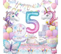 yosiio Unicorn Party Decorations, 5th Unicorn Birthday Decoration Set, Children's Party Tableware With Balloons for Girls 5 Years Birthday Supplies 16 Guests