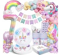 yosiio Unicorn Party Tableware Set, 7th Unicorn Birthday Decoration Set, Paper Plates Cups Napkins Table Cloth Balloons for Kids' Birthday Parties 16 Guests
