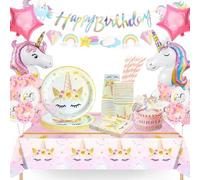 Yosiio Unicorn Party Tableware Set, Birthday Decoration Supplies for 16 Guests - Plates, Cups, Napkins, Table Cloth, Balloons for Kids' Themed Celebrations