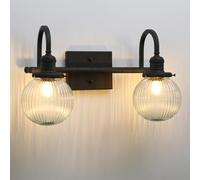 Yosoan Industrial 2-Lights Wall Sconces, Gooseneck Wall Light Ribbed Glass Shade, Bedside Wall Light for Home Bedroom, Kitchen (Black)