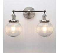 Yosoan Industrial Glass Ribbed 2-Lights Wall Sconces, Modern Wall Light with Globe Lampshade,Switched Bedside Wall Light for Bedroom, Kitchen, Living Room (Brushed)