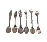 Yosoo 6pcs Retro Vintage Style Zinc Alloy Carved Coffee Ice Cream Fruit Dessert Spoons And Fork, Golden/Sliver/Red Brass/Antique Brass (Color : Antique Brass)