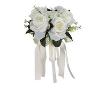 Yosoo Health Gear Artificial Wedding Bouquets Wedding Bride Bouquet Holding Flowers Silk Flower Simulation Rose for Party, White Bridal Bouquet with Ribbon