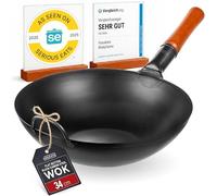 YOSUKATA 34 cm Pre-Seasoned Flat Bottom Black Carbon Steel Wok for Stir Fry | Pow Wok for Stir Fry, BBQ, Grill, Camping - Traditional Chinese Cookware for Induction, Electric, Gas, Open Fire