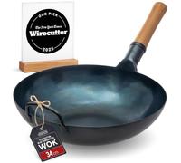 YOSUKATA 34 cm Blue Carbon Steel Wok Pan - Pre-Seasoned Flat Bottom Wok Compatible with open fire, gas, electric, ceramic induction cooktops - Traditional Chinese Pan for Stir Fry, BBQ, Grill, Camping