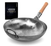 YOSUKATA 36 cm Round Bottom Carbon Steel Woks and Stir Fry Pans - Unseasoned Pow Wok for Stir Fry, BBQ, Grill & Camping - Hand-Hammered Traditional Japanese and Chinese Pan - Gas Stove, Open Fire Only